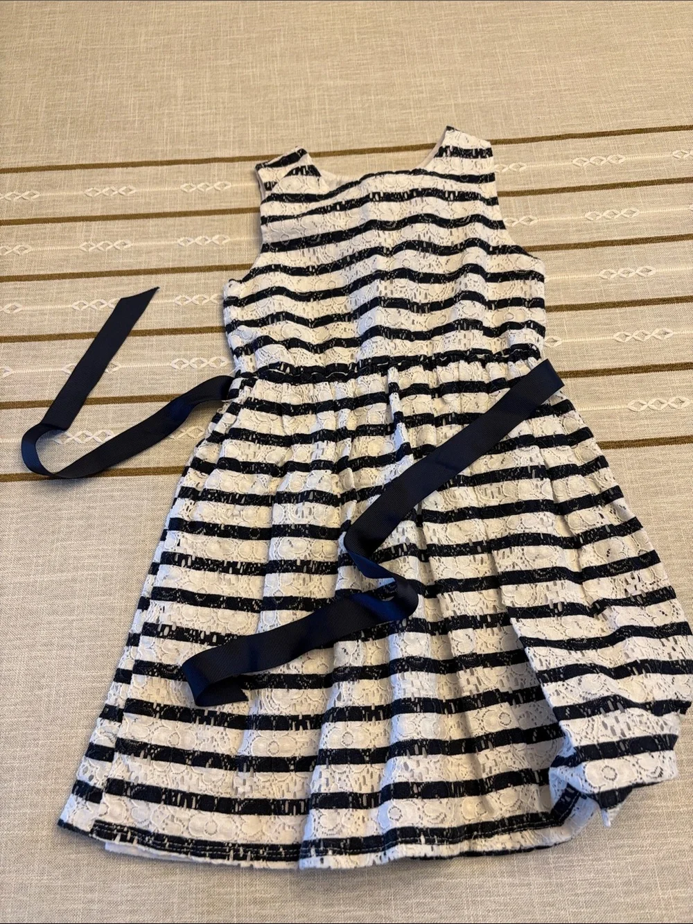Maison Jules Navy and White Striped Lace Bow Dress
